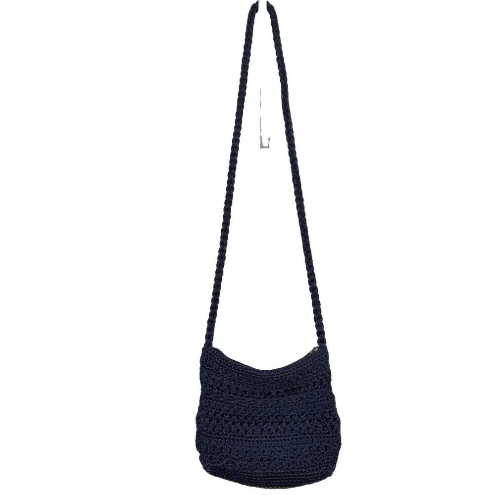 Lina Navy Blue Crochet Shoulder Bag Macrame Knit Zip Top Y2K Boho Purse